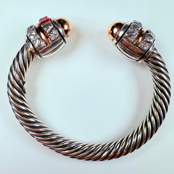 14K Gold Renaissance Ruby & Spinel Cable Cuff Sterling Silver 925 Bracelet - Picture 7 of 11